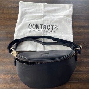 Contacts Genuine Leather Sling Bag Black Waist Pack Antique Brass Buckle